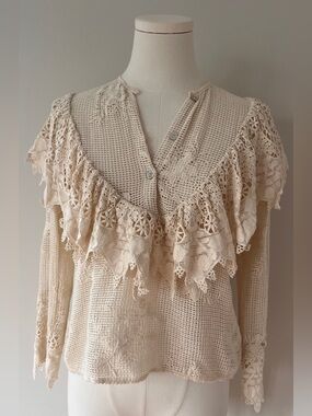 Jen’s Pirate Booty Free People Women's Cream Crochet Ruffle Button-Front Top